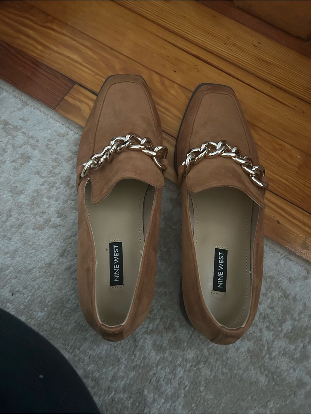 Nine West Brown Suede Chain-Trim Loafers